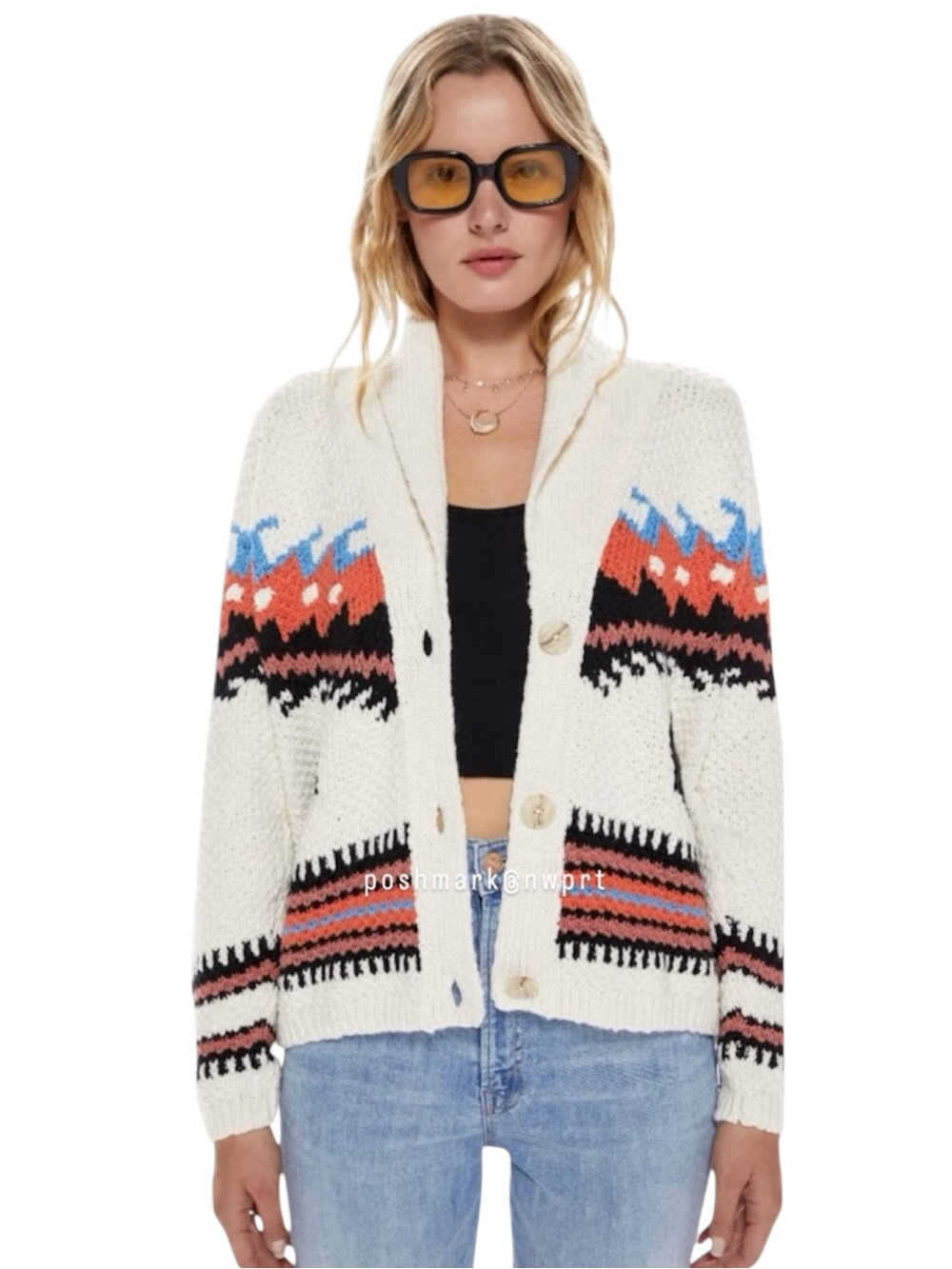 MOTHER De Gaulle Shawl Collar Cotton Knit Cardigan Sweater XS Cream White Aztec